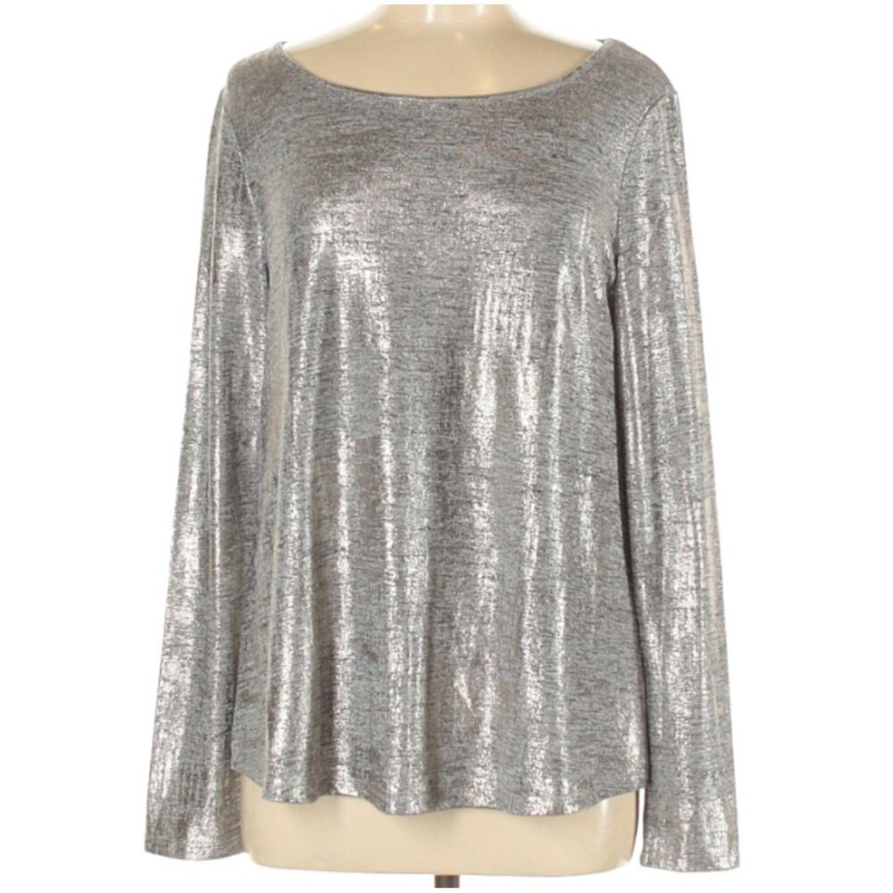 Lilla P Metallic Silver Gray Top Long Sleeve Round Neck Womens Size Medium